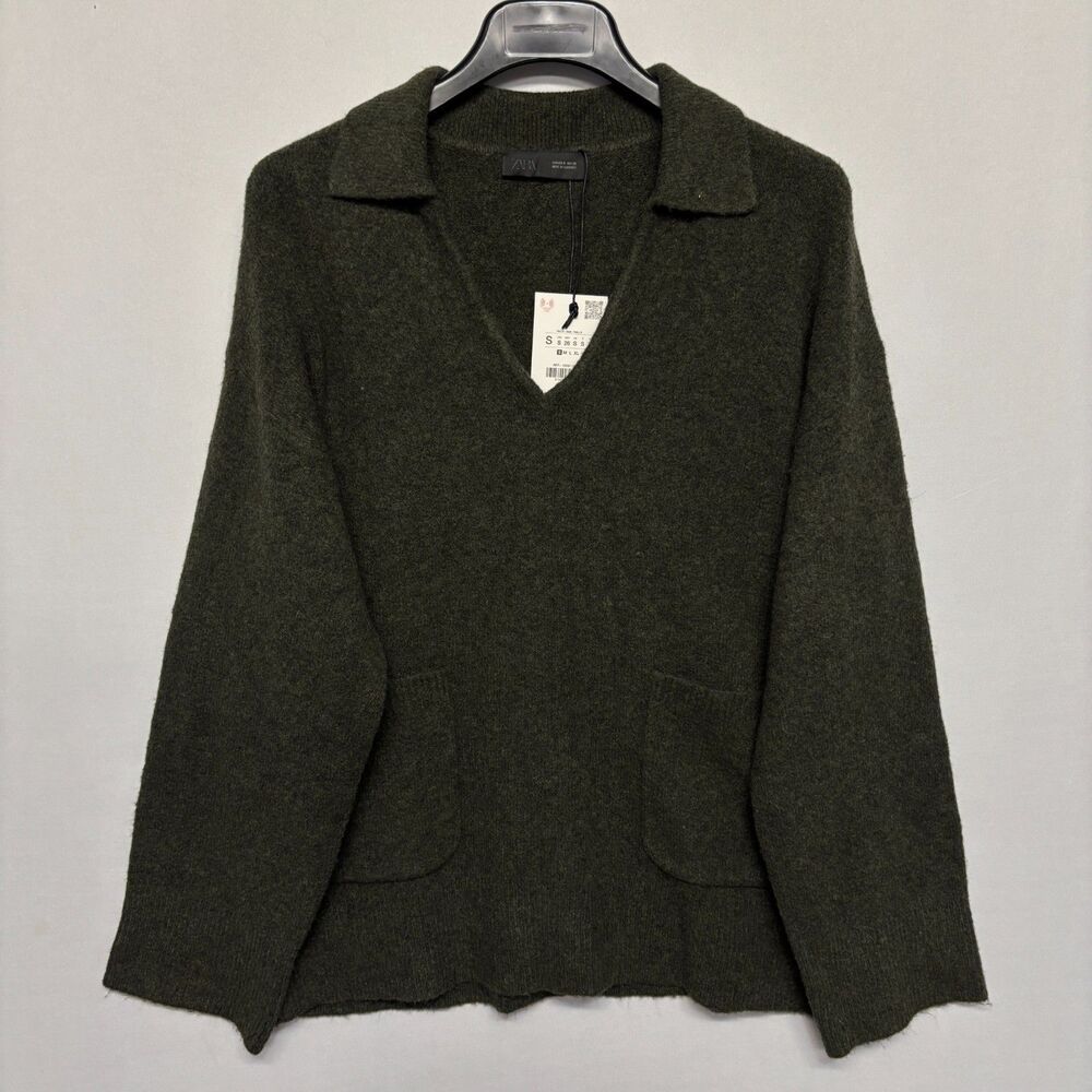 NWT Zara Women Collared V-Neck Soft Sweater Size Small Olive Green D131 -17